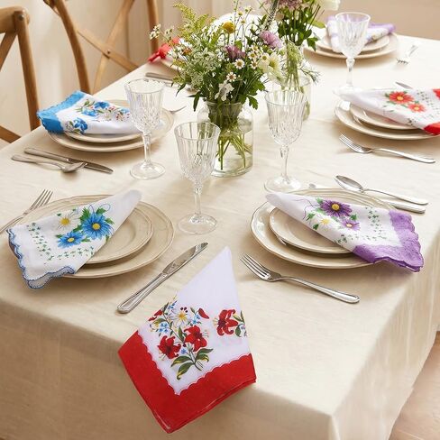 6 Pcs Vintage Handkerchiefs, 11.8" Floral Handkerchief Cotton Handkerchiefs Women Tea Party Handkerchief with Wavy Edge for Gifting, Weddings, Home Decor in Kuwait