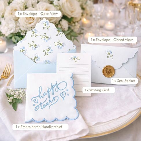 Happy Tears Handkerchief - Scalloped Envelope Floral Design and Wax Seal. Keepsake Hankie Favor in Kuwait