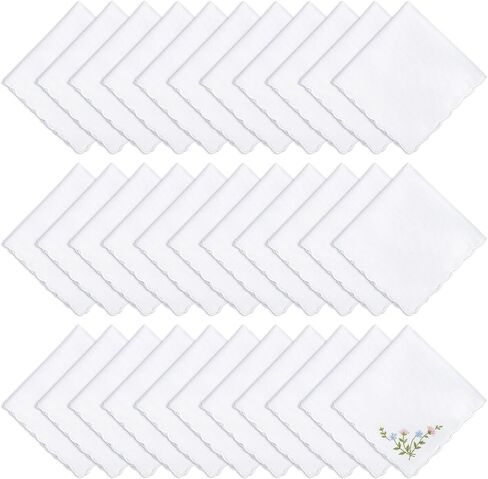 30 Pcs 12"x12" White Cotton Handkerchiefs for Women, Scalloped White Handkerchiefs, Bulk Cotton Pocket Hankies, Scalloped Wedding Hankies for Party Gift Favor, Wedding in Kuwait