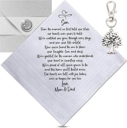 Groom Handkerchief From Mom Dad Son on Your Wedding Day Love Parents | Mens White Cotton Hankie Set, Tree of Life Keychain in Kuwait