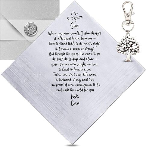 Groom Handkerchief From Mom Dad Son on Your Wedding Day Love Parents | Mens White Cotton Hankie Set, Tree of Life Keychain in Kuwait