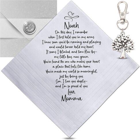 Groom Handkerchief From Mom Dad Son on Your Wedding Day Love Parents | Mens White Cotton Hankie Set, Tree of Life Keychain in Kuwait