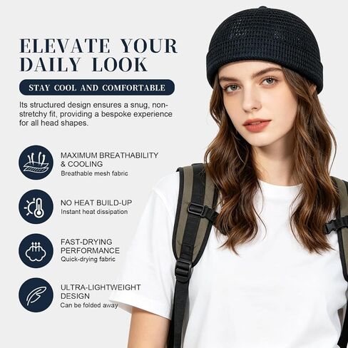 2 Pack Men's Breathable Brimless Hat, Summer Style Mesh Tang Ultra Cooling Skull Adjustable Hip-Hop Cap Docker Beanie, Adjustable, Lightweight Black and Blue in Kuwait