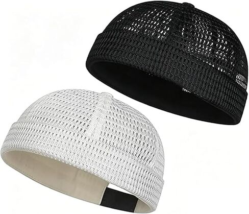 2 Pack Men's Breathable Brimless Hat, Summer Style Mesh Tang, Brimless Hats for Men, Ultra Cooling Skull Adjustable Hip-Hop Cap Docker Beanie (Black and White) in Saudi Arabia