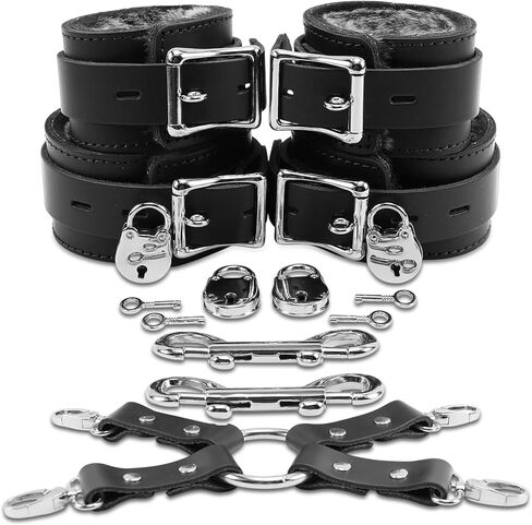 VP Leather Combo Lockable Wrist & Ankle Cuffs Set - Soft Chinchilla Faux Fur Lining - Sturdy Latigo Leather - Heavy Duty 4-Way Connector - Accessories - Black in Kuwait
