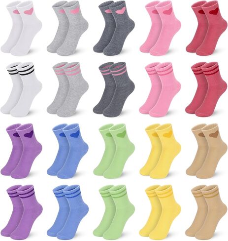20 Pairs Kids Girls Crew Athletic Socks with Stripes Heart Cute Cotton Socks for Girls 3-12 Years in Saudi Arabia