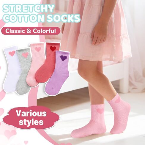 20 Pairs Kids Girls Crew Athletic Socks with Stripes Heart Cute Cotton Socks for Girls 3-12 Years in Saudi Arabia