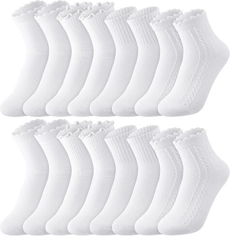8 Pairs Girls White Ruffle Crew Socks, Cute Frilly Soft Cotton Socks for Uniform School, Dress, Casual Wear in Kuwait