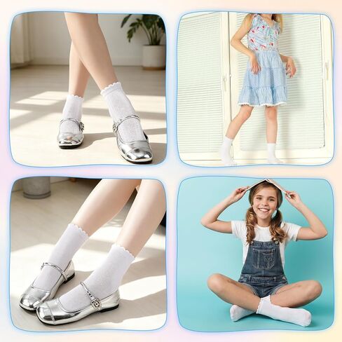 8 Pairs Girls White Ruffle Crew Socks, Cute Frilly Soft Cotton Socks for Uniform School, Dress, Casual Wear in Kuwait