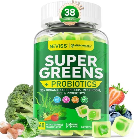 Organic Super Greens Daily Superfood Gummies + Probiotics, Spirulina, Chlorella Spinach Broccoli, Prebiotic Fiber, Mushroom -Rich in Vitamins - Adults & Teens Digestive, Focus, Energy, No Sugar, 60Cts in Kuwait