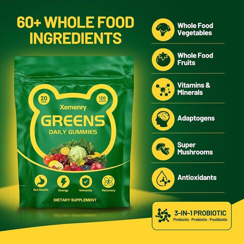 Super Greens Multivitamin Gummies for Adults – with Spirulina, Chlorella, Prebiotic Fiber, Probiotics & Adaptogens – Supports Digestive & Gut Health & Daily Energy – Non-GMO, 120 Gummies in Saudi Arabia