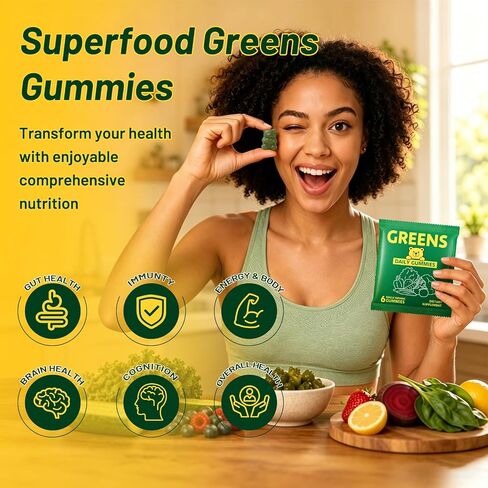 Super Greens Multivitamin Gummies for Adults – with Spirulina, Chlorella, Prebiotic Fiber, Probiotics & Adaptogens – Supports Digestive & Gut Health & Daily Energy – Non-GMO, 120 Gummies in Saudi Arabia