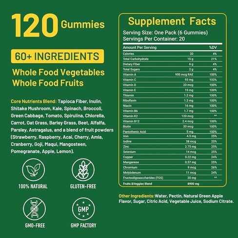 Super Greens Multivitamin Gummies for Adults – with Spirulina, Chlorella, Prebiotic Fiber, Probiotics & Adaptogens – Supports Digestive & Gut Health & Daily Energy – Non-GMO, 120 Gummies in Saudi Arabia