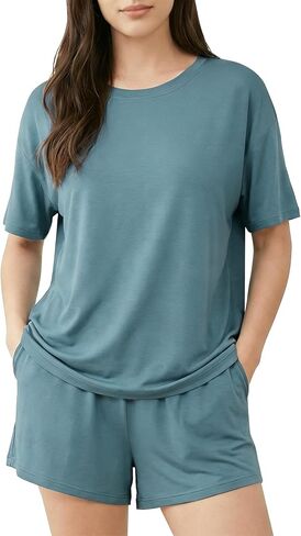 Womens Pajama Sets Cooling Viscose Made from Bamboo: Short Sleeve Top and Shorts, Soft Sleepwear Loungewear Summer in Saudi Arabia