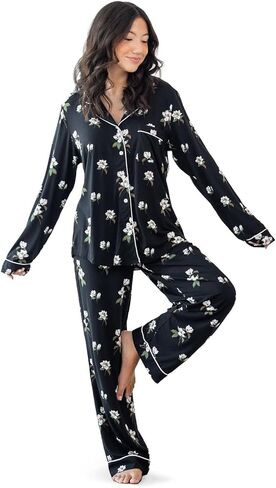 Kyte Living Women's Long Sleeve Pajama Set, Bamboo-Derived Rayon Sleepwear with Button Front Top & Elastic Waist Shorts in Kuwait