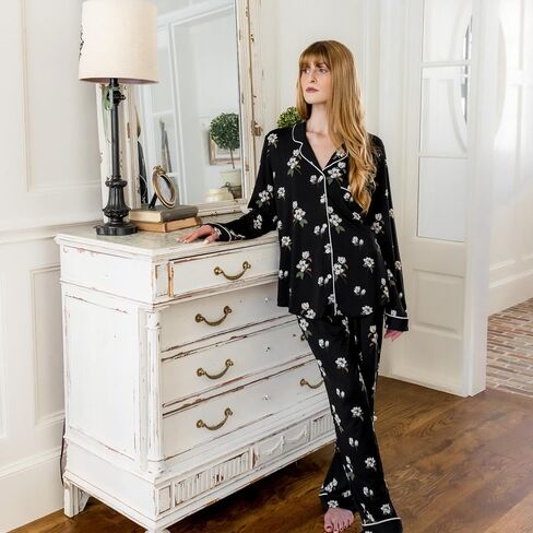 Kyte Living Women's Long Sleeve Pajama Set, Bamboo-Derived Rayon Sleepwear with Button Front Top & Elastic Waist Shorts in Kuwait