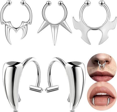 Fake Lip Ring and Septum Ring, 3 Pcs Non-Piercing Clip-On Lip Cuff Ear Cuff Stainless Steel Nose Hoop Jewelrywith 1 Pack Vampire Teeth Ring for Women Men Halloween Cosplay Party in Kuwait