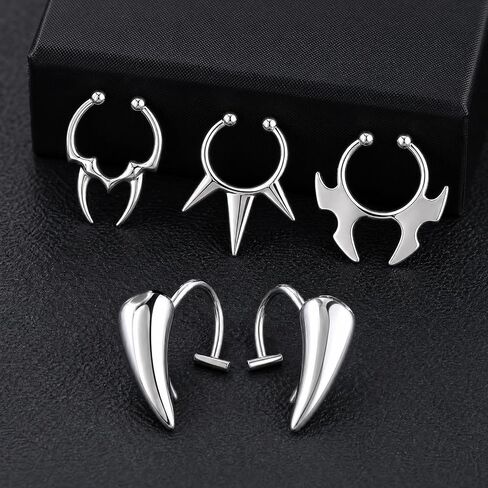 Fake Lip Ring and Septum Ring, 3 Pcs Non-Piercing Clip-On Lip Cuff Ear Cuff Stainless Steel Nose Hoop Jewelrywith 1 Pack Vampire Teeth Ring for Women Men Halloween Cosplay Party in Kuwait