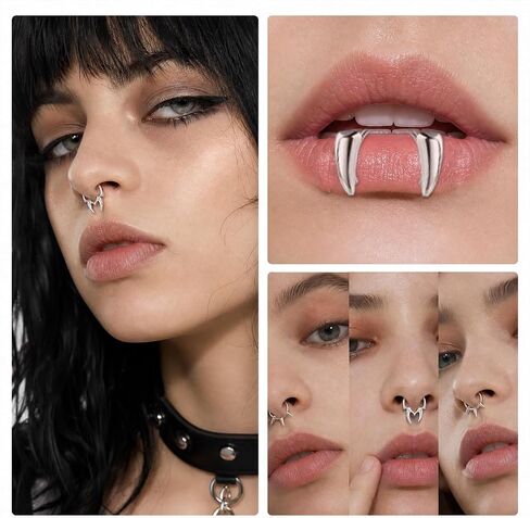 Fake Lip Ring and Septum Ring, 3 Pcs Non-Piercing Clip-On Lip Cuff Ear Cuff Stainless Steel Nose Hoop Jewelrywith 1 Pack Vampire Teeth Ring for Women Men Halloween Cosplay Party in Kuwait