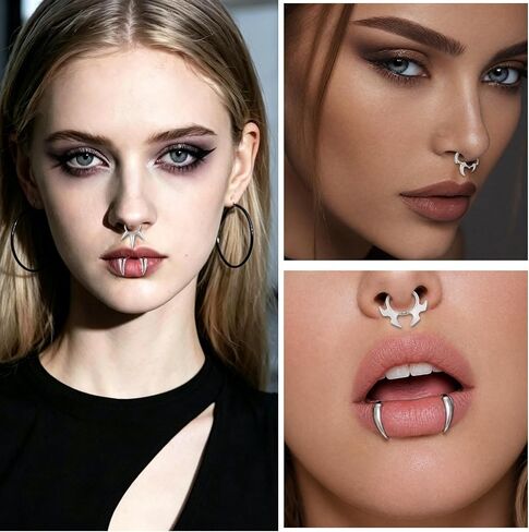 Fake Lip Ring and Septum Ring, 3 Pcs Non-Piercing Clip-On Lip Cuff Ear Cuff Stainless Steel Nose Hoop Jewelrywith 1 Pack Vampire Teeth Ring for Women Men Halloween Cosplay Party in Kuwait