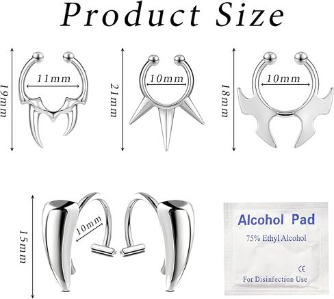 Fake Lip Ring and Septum Ring, 3 Pcs Non-Piercing Clip-On Lip Cuff Ear Cuff Stainless Steel Nose Hoop Jewelrywith 1 Pack Vampire Teeth Ring for Women Men Halloween Cosplay Party in Kuwait