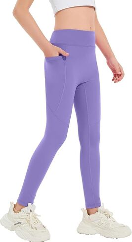 Girls High Waist Yoga Leggings with Pocket, Athletic Running Dance Workout Pants, Stretchy Comfort Fit 5-14Y in Kuwait