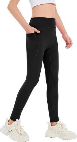Girls High Waist Yoga Leggings with Pocket, Athletic Running Dance Workout Pants, Stretchy Comfort Fit 5-14Y in Kuwait