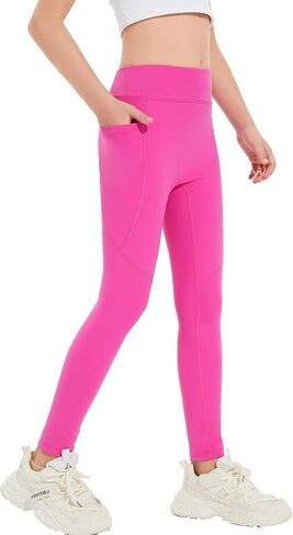 Girls High Waist Yoga Leggings with Pocket, Athletic Running Dance Workout Pants, Stretchy Comfort Fit 5-14Y in Kuwait