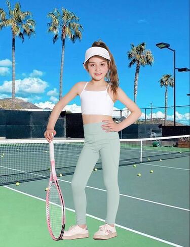 Girls High Waist Yoga Leggings with Pocket, Athletic Running Dance Workout Pants, Stretchy Comfort Fit 5-14Y in Kuwait