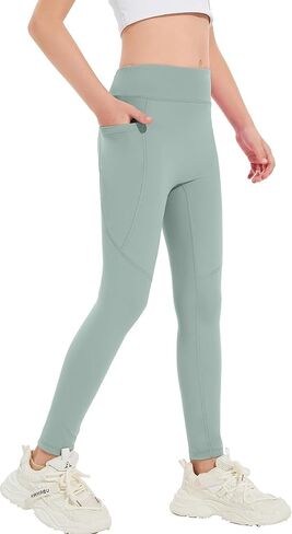 Girls High Waist Yoga Leggings with Pocket, Athletic Running Dance Workout Pants, Stretchy Comfort Fit 5-14Y in Kuwait