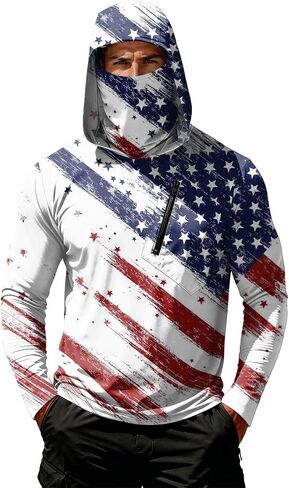 Men's 4th of July Patriotic Sun Protection Hoodie Shirt USA Flag Print Long Sleeve Outdoor Fishing Top in Kuwait