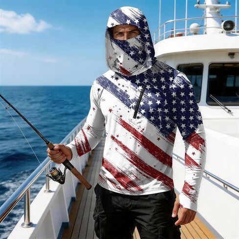 Men's 4th of July Patriotic Sun Protection Hoodie Shirt USA Flag Print Long Sleeve Outdoor Fishing Top in Kuwait