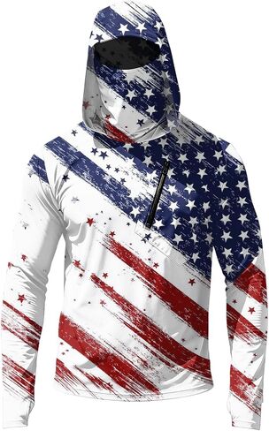 Men's 4th of July Patriotic Sun Protection Hoodie Shirt USA Flag Print Long Sleeve Outdoor Fishing Top in Kuwait