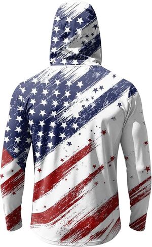 Men's 4th of July Patriotic Sun Protection Hoodie Shirt USA Flag Print Long Sleeve Outdoor Fishing Top in Kuwait