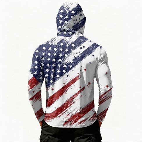 Men's 4th of July Patriotic Sun Protection Hoodie Shirt USA Flag Print Long Sleeve Outdoor Fishing Top in Kuwait
