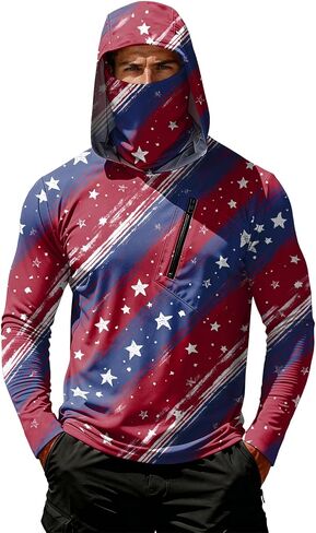Men's 4th of July Patriotic Sun Protection Hoodie Shirt USA Flag Print Long Sleeve Outdoor Fishing Top in Kuwait