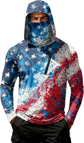 Men's 4th of July Patriotic Sun Protection Hoodie Shirt USA Flag Print Long Sleeve Outdoor Fishing Top in Kuwait