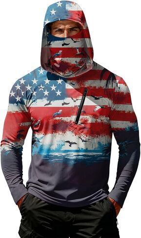 Men's 4th of July Patriotic Sun Protection Hoodie Shirt USA Flag Print Long Sleeve Outdoor Fishing Top in Kuwait