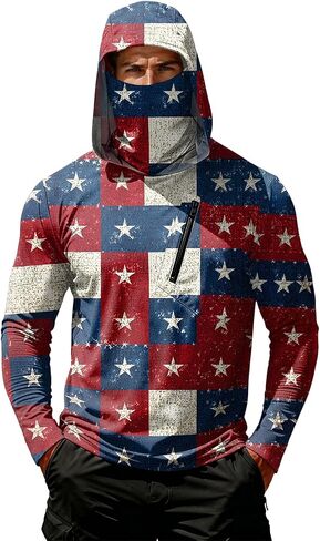 Men's 4th of July Patriotic Sun Protection Hoodie Shirt USA Flag Print Long Sleeve Outdoor Fishing Top in Kuwait