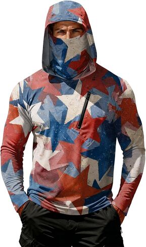 Men's 4th of July Patriotic Sun Protection Hoodie Shirt USA Flag Print Long Sleeve Outdoor Fishing Top in Kuwait