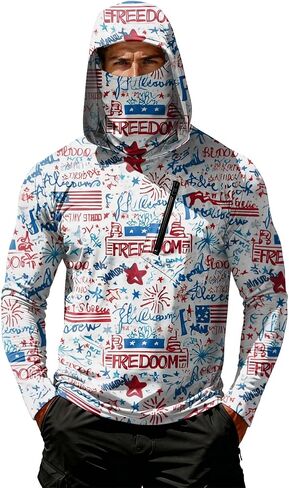 Men's 4th of July Patriotic Sun Protection Hoodie Shirt USA Flag Print Long Sleeve Outdoor Fishing Top in Kuwait