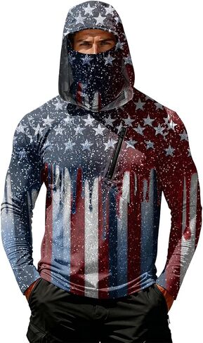 Men's 4th of July Patriotic Sun Protection Hoodie Shirt USA Flag Print Long Sleeve Outdoor Fishing Top in Kuwait