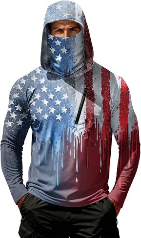 Men's 4th of July Patriotic Sun Protection Hoodie Shirt USA Flag Print Long Sleeve Outdoor Fishing Top in Kuwait