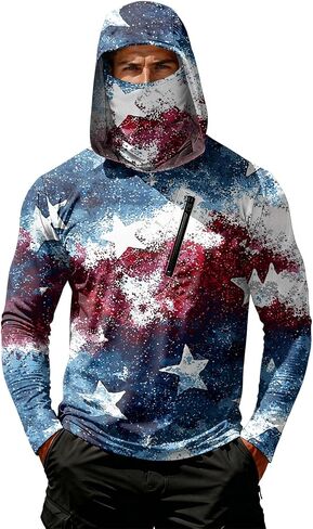 Men's 4th of July Patriotic Sun Protection Hoodie Shirt USA Flag Print Long Sleeve Outdoor Fishing Top in Kuwait