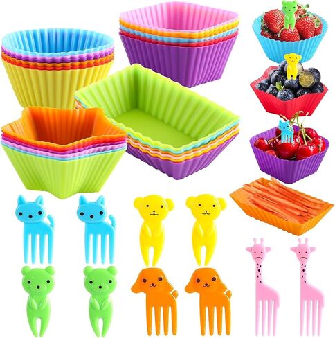 Silicone Lunch Box Dividers for kids,24 pcs Bento Box Dividers with 10 Animal Food Picks,Silicone Bento Box Inserts,Cupcake Baking Cups,Muffin Pan Liners,Reusable and BPA Free in Saudi Arabia