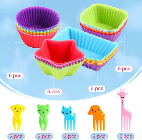 Silicone Lunch Box Dividers for kids,24 pcs Bento Box Dividers with 10 Animal Food Picks,Silicone Bento Box Inserts,Cupcake Baking Cups,Muffin Pan Liners,Reusable and BPA Free in Saudi Arabia