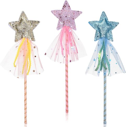 Gjinxi 3 PCS Glitter Star Princess Wand Fairy Angel Wands Costume Role Play Show Stick Props Magic Star Dress-up Wands Halloween Christmas Birthday Party Favor Silver in Kuwait
