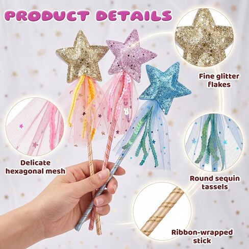 Gjinxi 3 PCS Glitter Star Princess Wand Fairy Angel Wands Costume Role Play Show Stick Props Magic Star Dress-up Wands Halloween Christmas Birthday Party Favor Silver in Kuwait