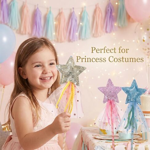 Gjinxi 3 PCS Glitter Star Princess Wand Fairy Angel Wands Costume Role Play Show Stick Props Magic Star Dress-up Wands Halloween Christmas Birthday Party Favor Silver in Kuwait