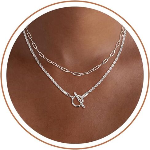 CHESKY Silver Layered Necklaces for Women, 14K Silver Plated Chain Necklaces for Women Trendy Chunky Paperclip Chain Necklace Dainty Sterling Silver Toggle Necklaces Set Jewelry Gift for Her in Kuwait